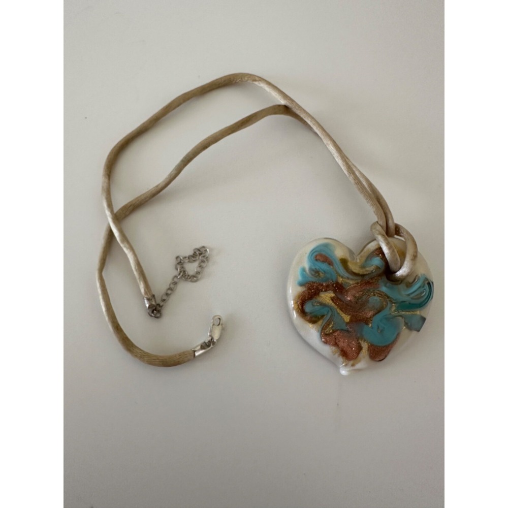 Murano Heart Glass Venetiarum Pendant Necklace Rope Sterling Clasp Aqua Gold - Picture 6 of 15